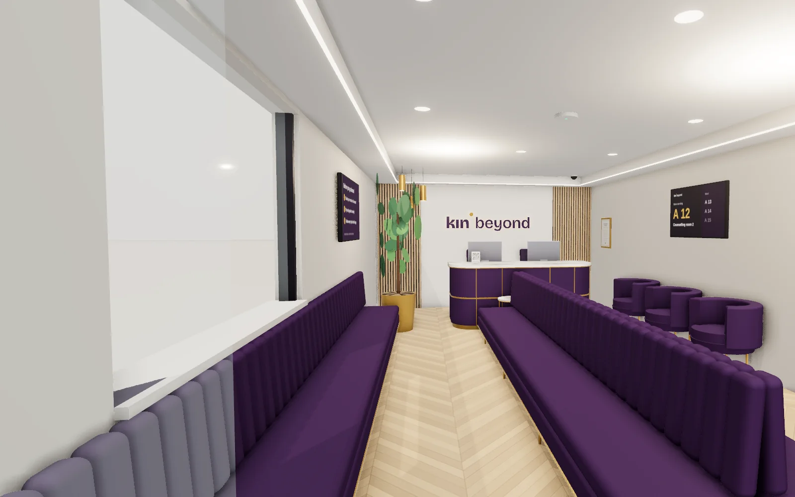 Design render of the planned Kochi reception: a curved plum desk with gold trim, oak panels and the kin beyond logo on the wall.